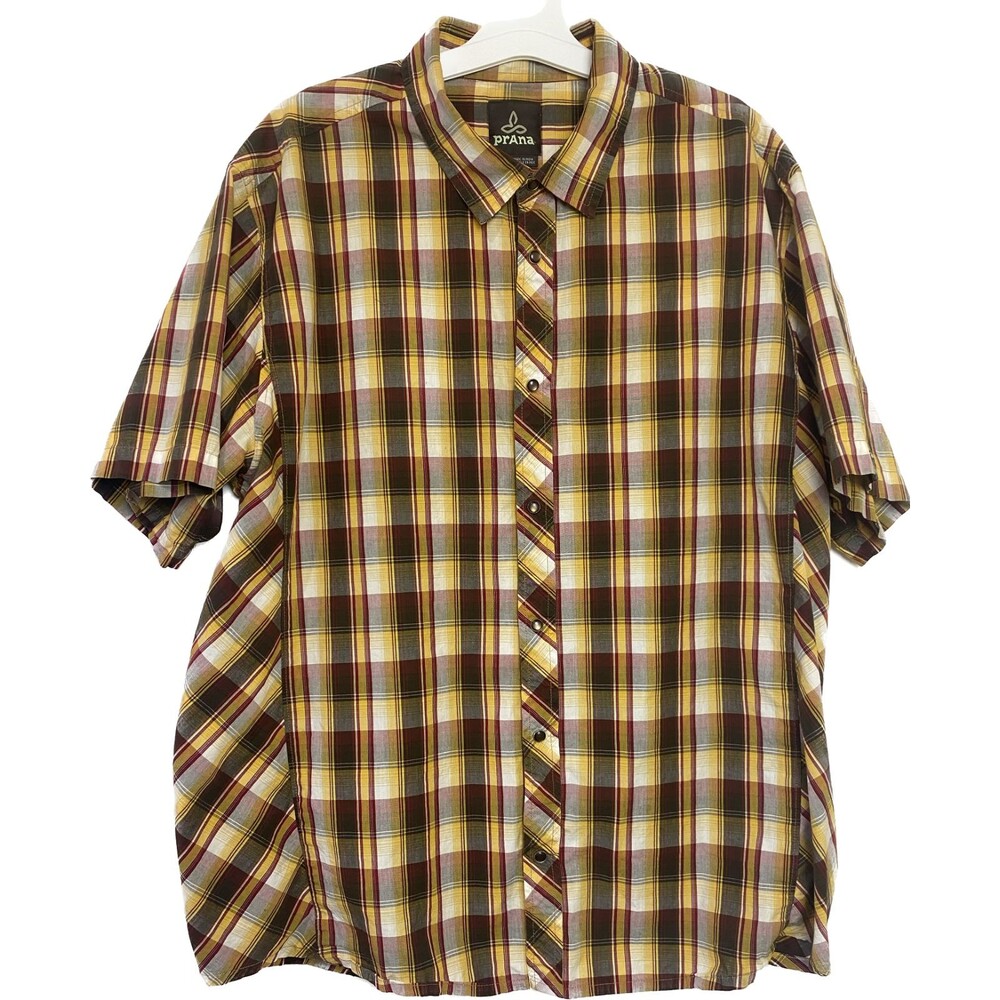Prana Mens Plaid Organic Cotton Short Sleeve  Pearl Snap Shirt XL